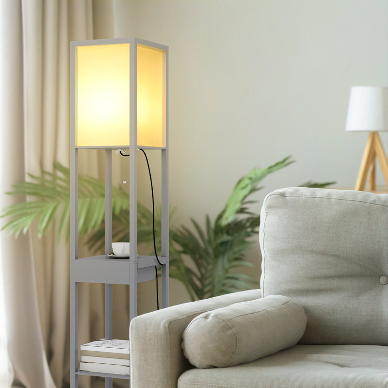 Floor Lamp With Charging, 160cm 3 Layers Shelves Standing Light With Drawer, Reading Lamp with Bulb, Grey