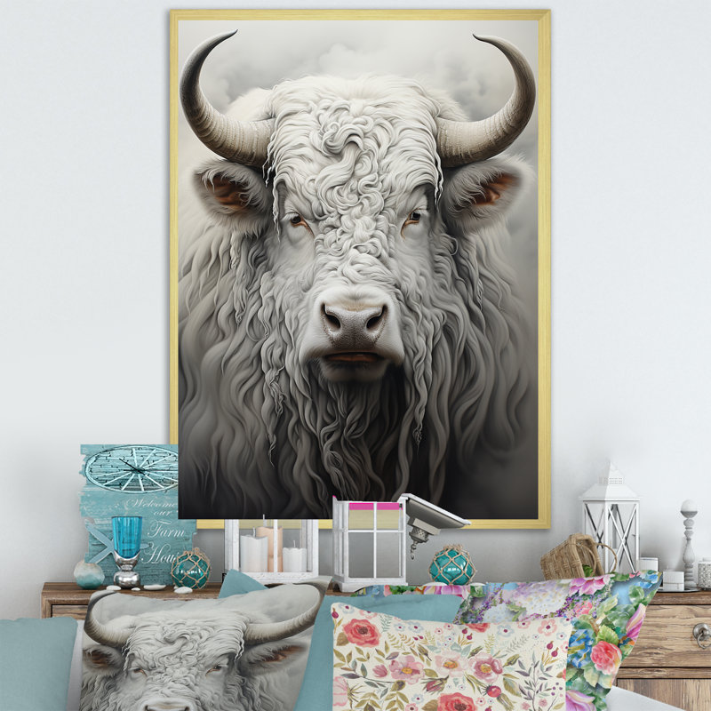 Minimalisme gris peinture Yak - Yaks Wall Art salon, Cadre photo argenté, H 44 po x l 34 po