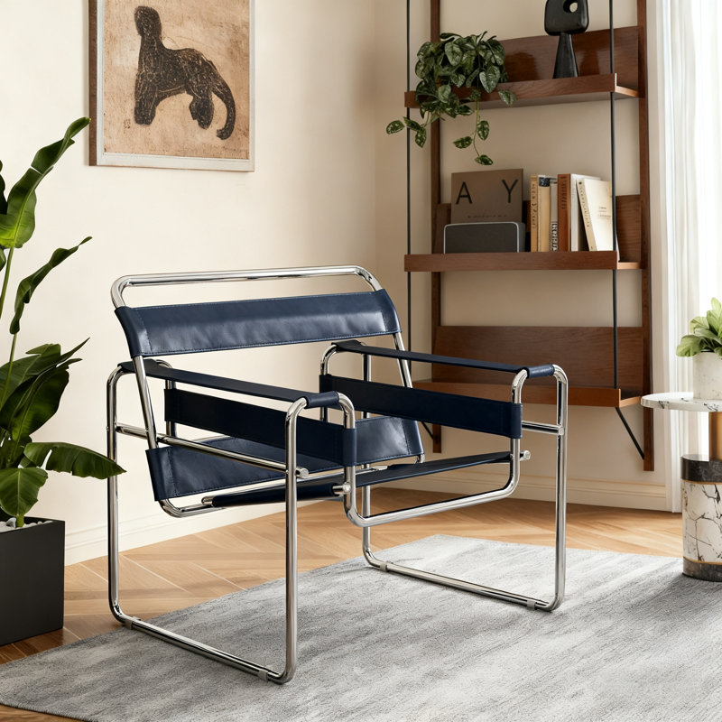 Danta Saddle Leather and Artificial Leather Accent Chair with Stainless Steel Frame, Blue Saddle Leather