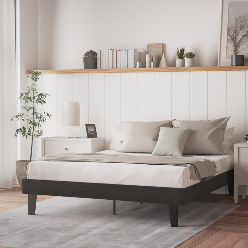 Brin 14" Upholstered Platform Bed with Solid Deck, Black, King