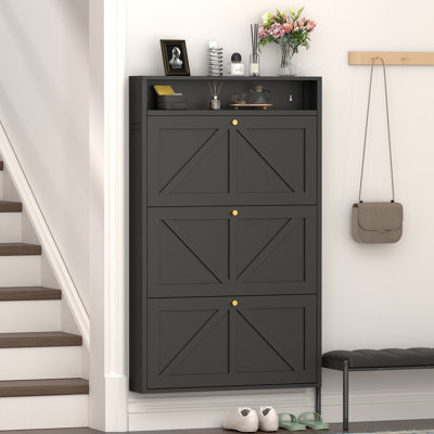 Armoire à chaussures en métal avec 3 tiroirs rabattables, range-chaussures mural, étagère à chaussures étroite et étroite pour le vestibule, noir