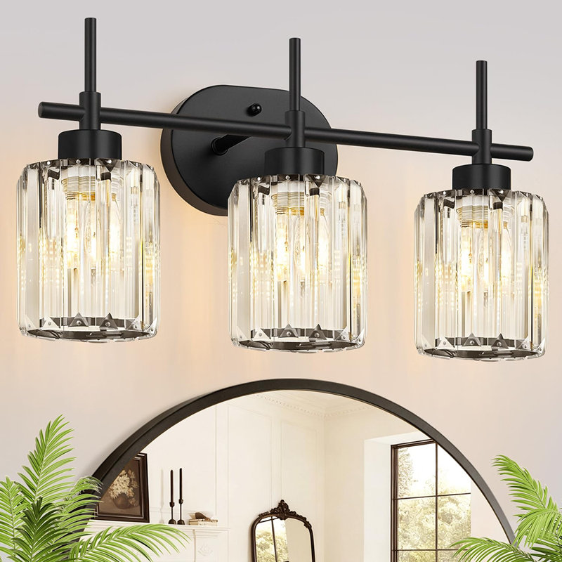 3-Light Modern Crystal Bathroom Vanity Light, Clear Glass Shade Over Mirror Wall Lighting Fixture, Matte Black