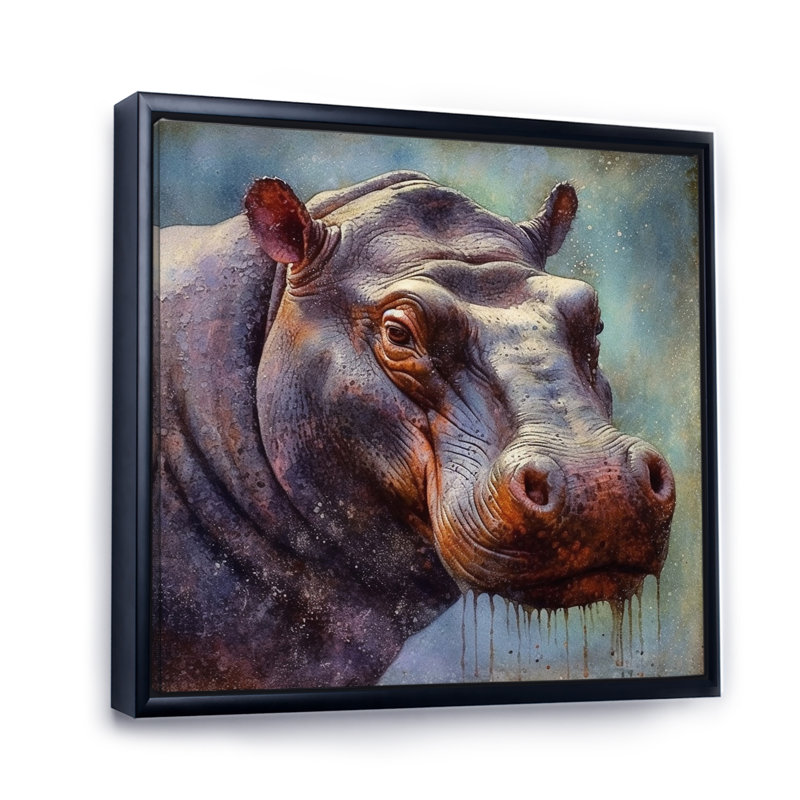 Hippopotame - animaux, art mural sur toile, H 30 po x l 30 po x P 1 po, Cadre flottant noir