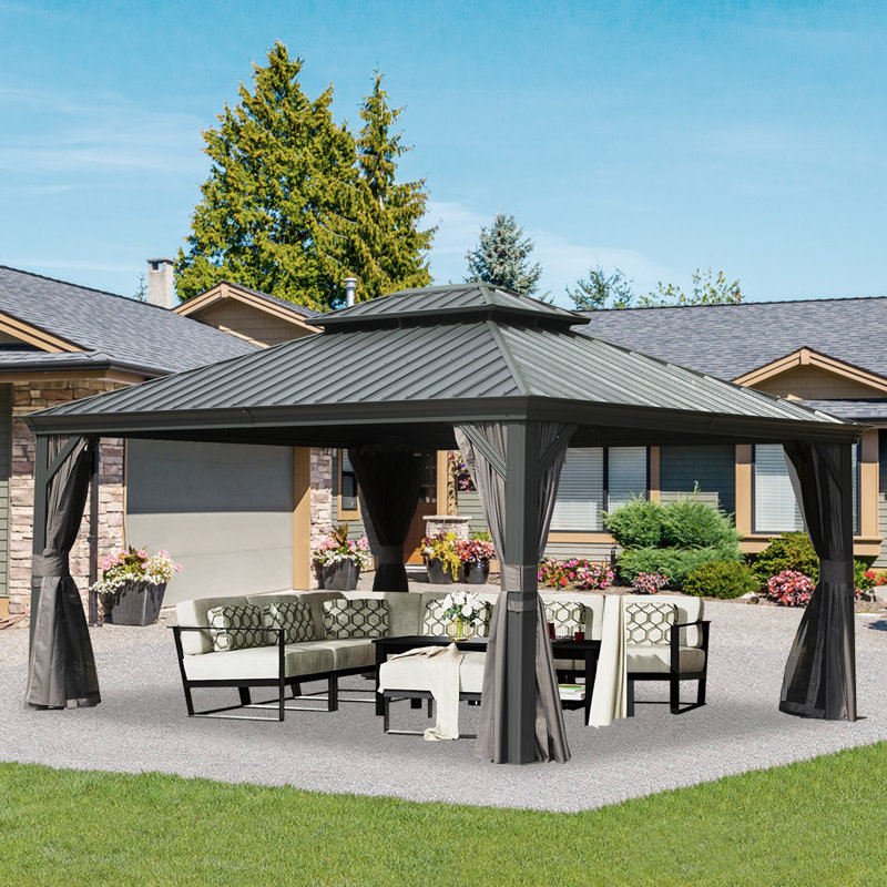 Pavillon de jardin en aluminium galvanisé en acier avec double toit gris foncé, 14 pi x 12 pi