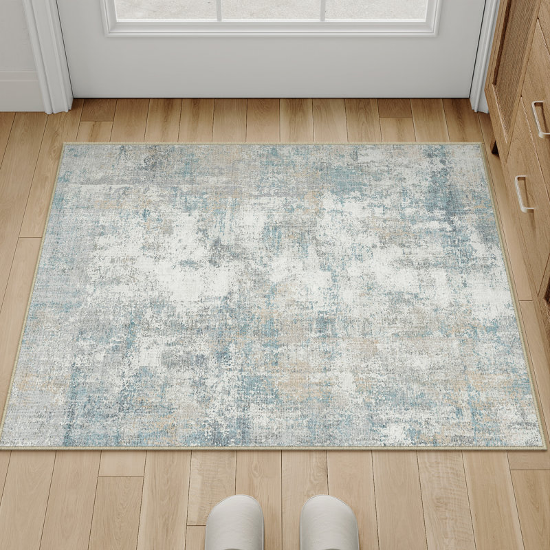 Tapis moderne lavable abstrait bleu, Rectangulaire 2 pi x 3 pi, Bleu