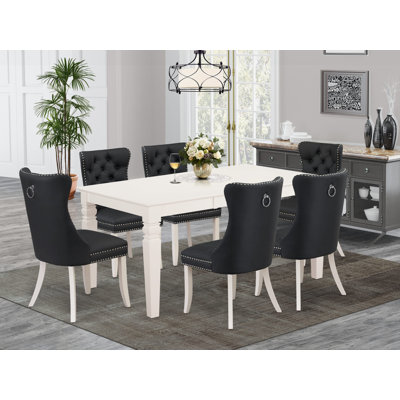 7 Piece Dining Table Set Includes a Rectangle Wooden Table with Removable leaf and 6 Padded Chairs, linen white