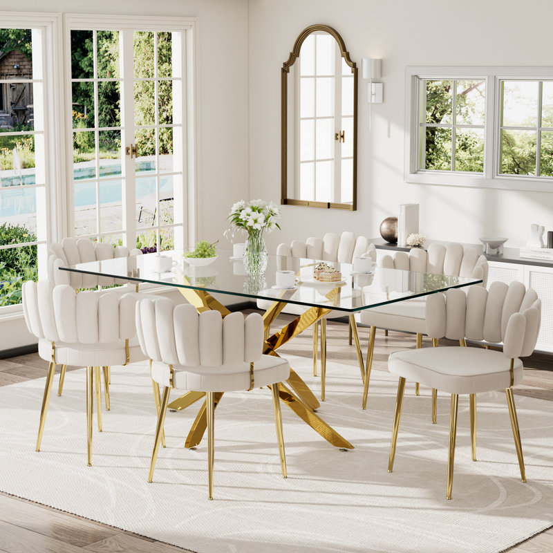Ensemble de table de salle à manger rectangulaire moderne en verre avec chaises en velours, 7 pièces : table, 6 chaises