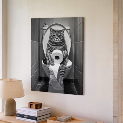 Canvas Wall Art A Black And White Photograph Of A Cat Sitting On A Toilet Holding A Roll Of Toilet Paper Premium Quality Ready To Hang
