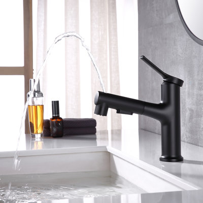 7.09"H 3-functions Solid Brass Single Handle Single Hole Pull Out Bathroom Faucet