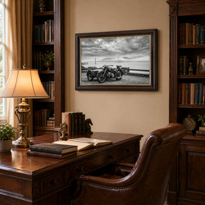 Art mural antique sur toile encadré doré pour le salon, la chambre à coucher, le bureau ou le vestibule - Décoration murale décorative avec paysage de moto