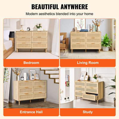 Commode en rotin à 6 tiroirs, style bohème, avec grand espace de rangement, idéal pour la chambre, le salon ou l'entrée. Table de chevet en rotin avec poignées et pieds robustes, blanche.