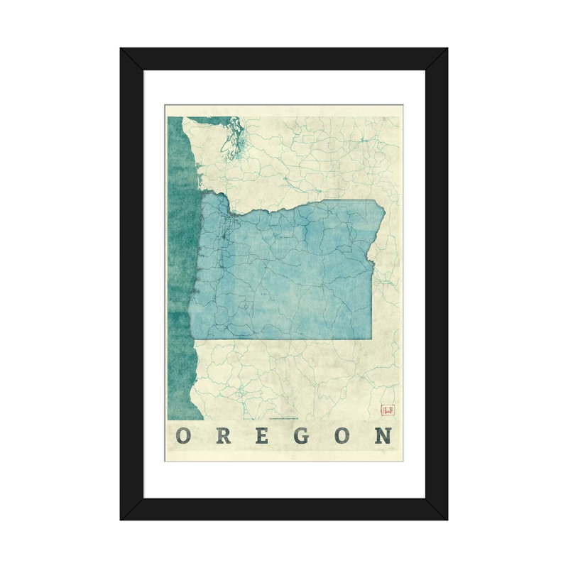 «Oregon Map», impression sur toile, H 24 po x l 16 po x P 1 po, Papier d'art encadré noir, Blanc