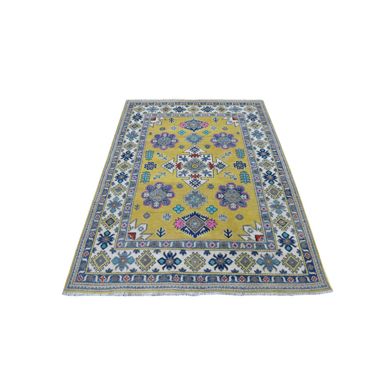 Tapis décoratif en laine de conception unique noué à la main jaune 4 pi 10 po x 6 pi 6 po Abdelkader
