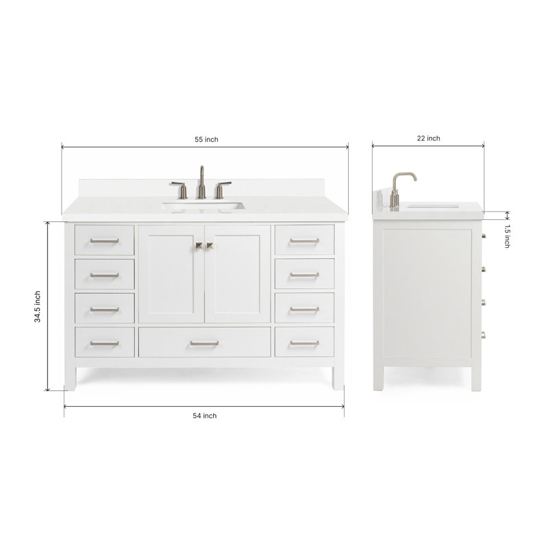 Cambridge 55'' Single Bathroom Vanity with White Quartz Top, White / Brushed Nickel, Rectangle 