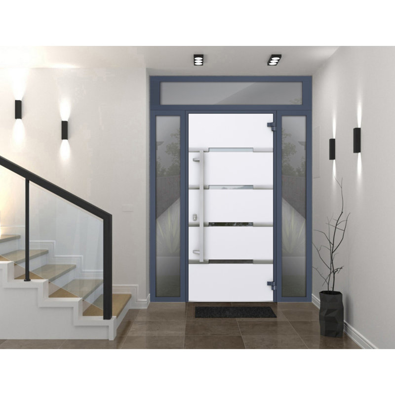 Porte avant en acier pré-suspendue à l'avant / deux graphites gris 1105/2 fenêtres extérieures latérales et supérieures / inserts en acier inoxydable peints simples modernes - l 12 + 36 + 12 po x H 80 + 16 po - Gauche