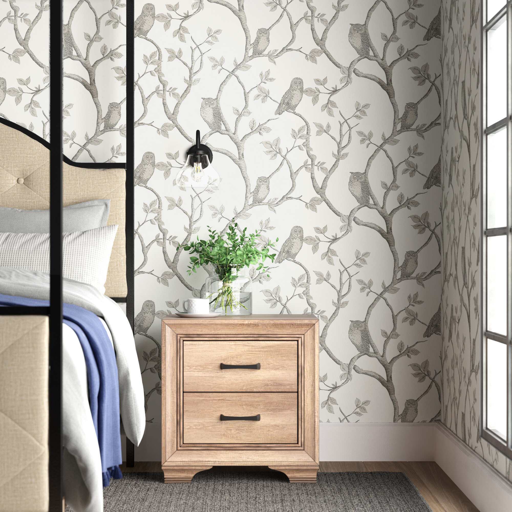 Lark Manor Rouleau de papier peint chouette forêt et arbre 33 pi x 20,5