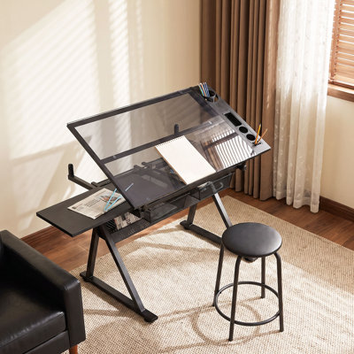  Inbox Zero Ozia 40" x 24" Modern Glass Drafting Table with Stool, Adjustable Height Art Desk with Tilt Top, Drawers & Slide-Out Shelf, black SSS-8E8B-29 Series 