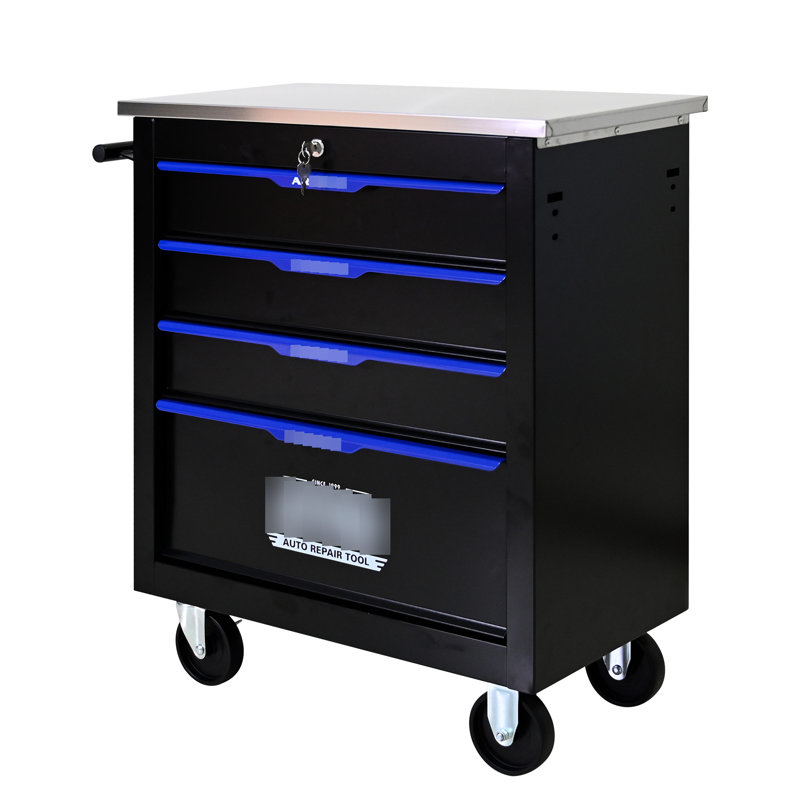 Chariot multifonctionnel 4 outils - noir / bleu. Structure en acier robuste avec. Rangement supplémentaire et ouverture de tiroir lisse. Verrouillé pour plus de sécurité à 4 tiroirs. - Facile à utiliser. Verrouillage à clé