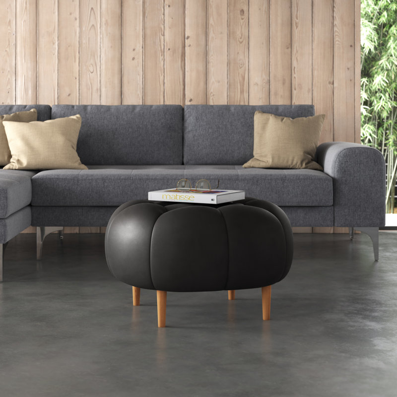 Kerney Upholstered Ottoman, Vintage Black Genuine Leather