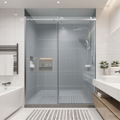 56-60" W * 74" H Frameless Single Sliding Shower Doors, Bathroom Sliding Shower Door, 5/16" (8mm) Thick SGCC Tempered Glass Door, Chrome