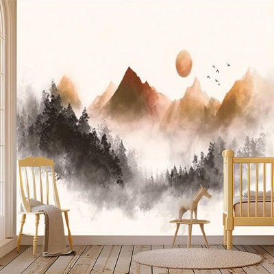 Peel and Stick Wallpaper Wall Mural Sunrise landscape misty forest distant mountains sunrise sky Wall Art Self Adhesive and Removable