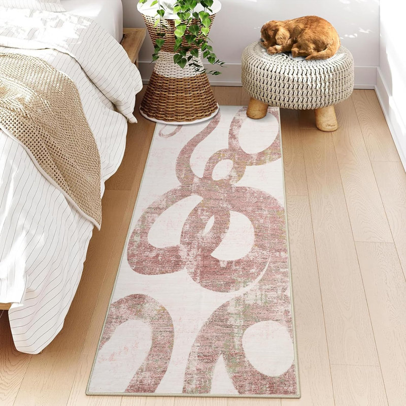 2x6 Washable Pink Runner Rug, Soft Non-Slip, Low Pile, Thin, Snake Print, Contemporary Accent Carpet for Kitchen, Hallway, Laundry.