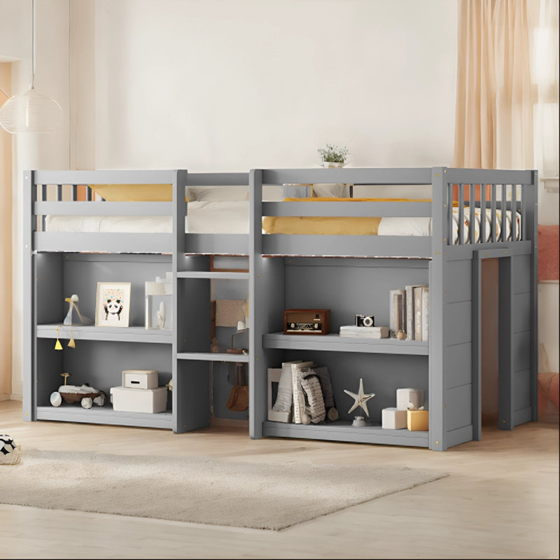 Lit simple mezzanine bas avec tablettes Jceur, Gris