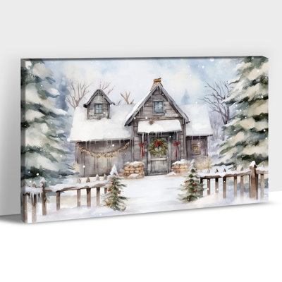 Art mural de grande cabane d'hiver - décoration murale photos de Noël, art mural rétro sur toile de sapin de Noël pour le salon, impression de toile tendue encadrée, scène de forêt de vacances, 28 po x 40 po