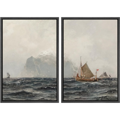 Sailboat " Nautical Adventures Ships Amidst Stormy Seas Landscape Nature Wilderness Illustrations Decor " 2 - Pieces