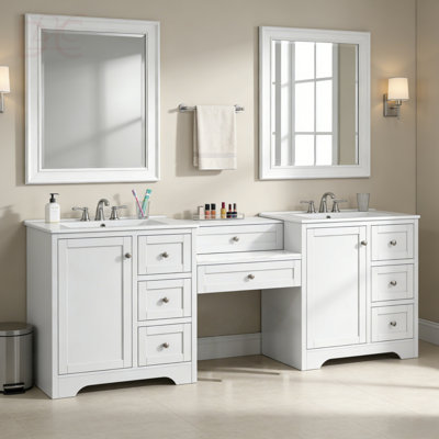 Meuble-lavabo double 84 po, 2 lavabos en céramique et comptoir en pierre d'ingénierie, grand meuble-lavabo de rangement avec boutons en métal argenté et 6 tiroirs, fermeture en douceur 84 po