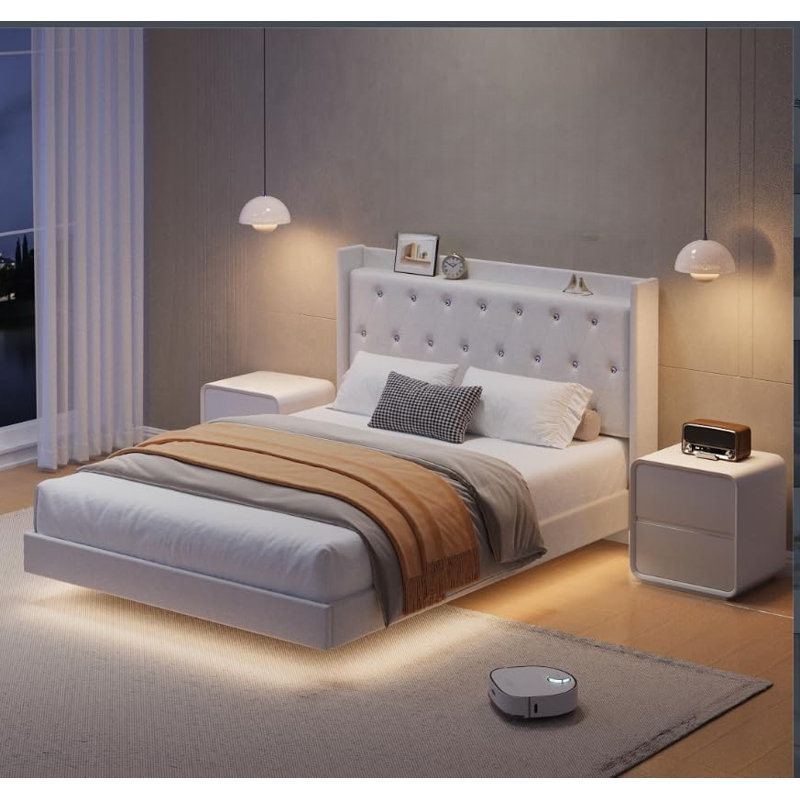 Cadre de lit avec lumières DEL, Blanc, Queen