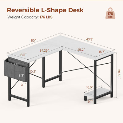 Bureau de coin en L de 127 cm avec sac de rangement et tablette, et chaise de bureau sans accoudoirs en cuir PU : ensemble de bureau complet pour le travail à domicile