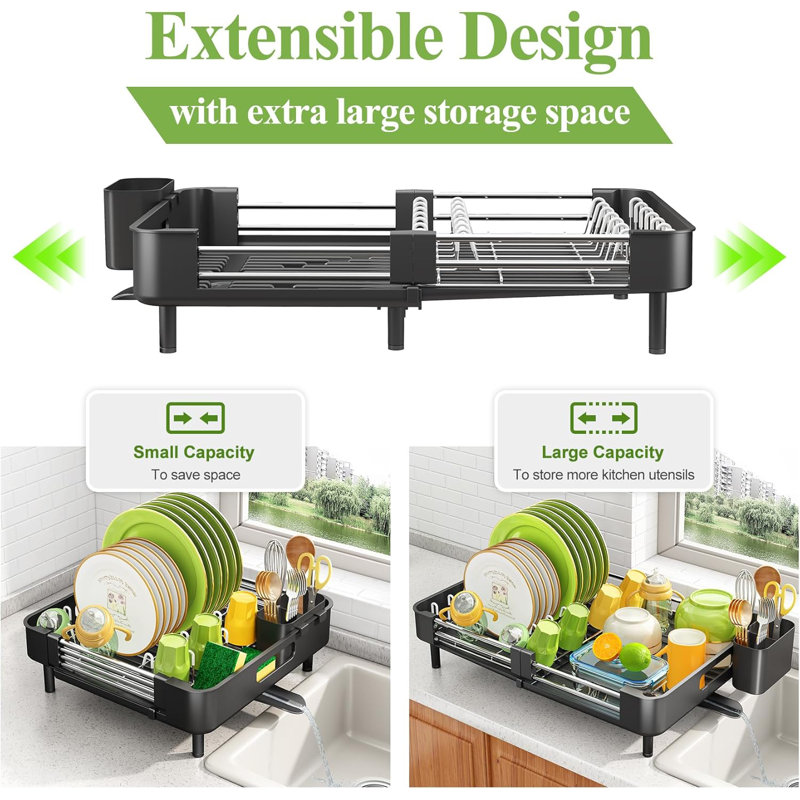 Expandable Satin Black Stainless Steel Dish Drying Rack with Utensil Holder