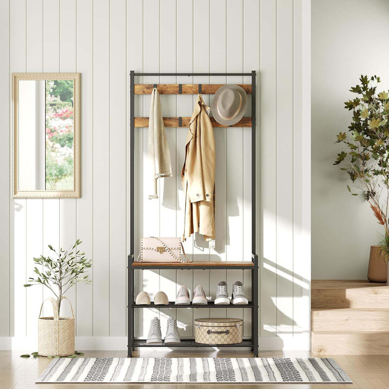 Coat Rack With Shoe Bench, Entryway Bench With Shoe Storage, Multifunctional Entryway Storage Organizer, Metal Frame And 8 Movable Hooks, For Hallway, Rustic Brown