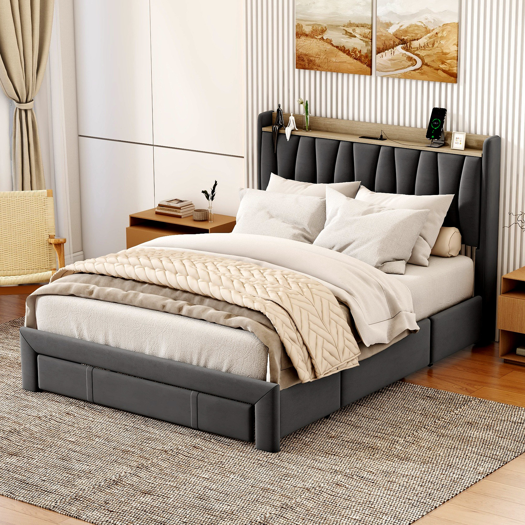 Ivy Bronx Queen Size Bed Frame With Storage Headboard And Charging ...