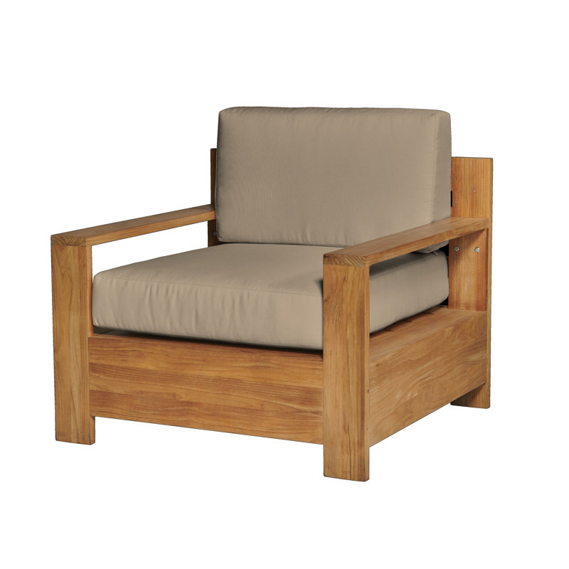 Qube Teak Outdoor Club Chair With Sunbrella Antique Beige Cushion, Canvas Navy Sunbrella® Canvas, Natural Sanded