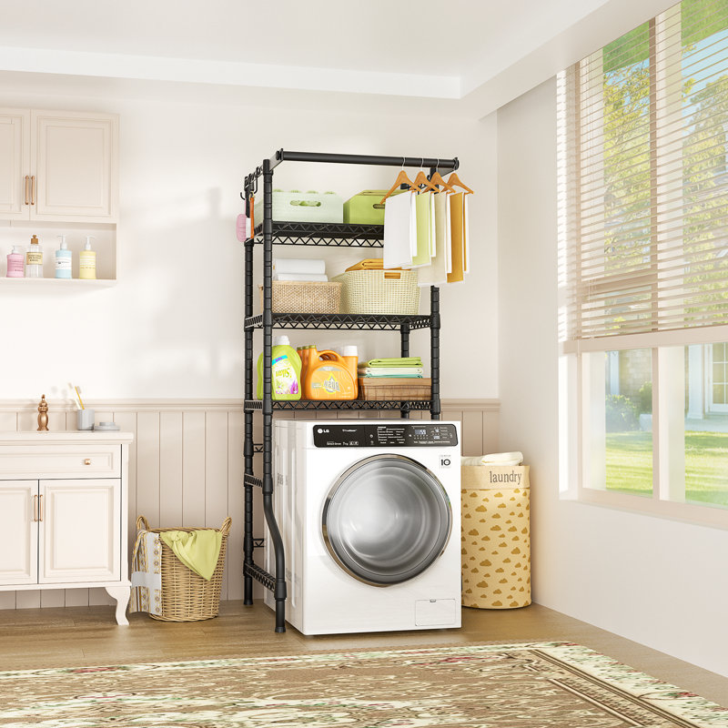 U11 Mini Over Washer and Dryer Shelves, 3 Tiers Laundry Room Storage and Organizer Standing Shelf, Metal Freestanding Clothes Drying Rack, 28.3”W x 19.7”D x 77.6”H, Suit Washing Machine Width within 25.9”, Black