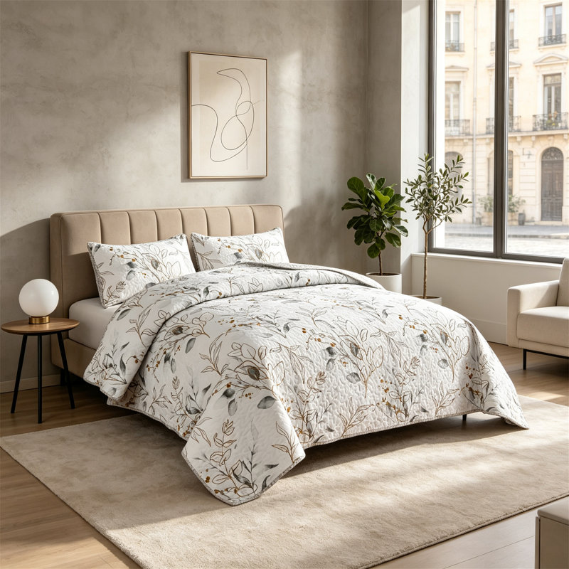 Ensemble de courtepointe réversible gris à motif botanique pour lit king, couvre-lit élégant à motif de feuilles