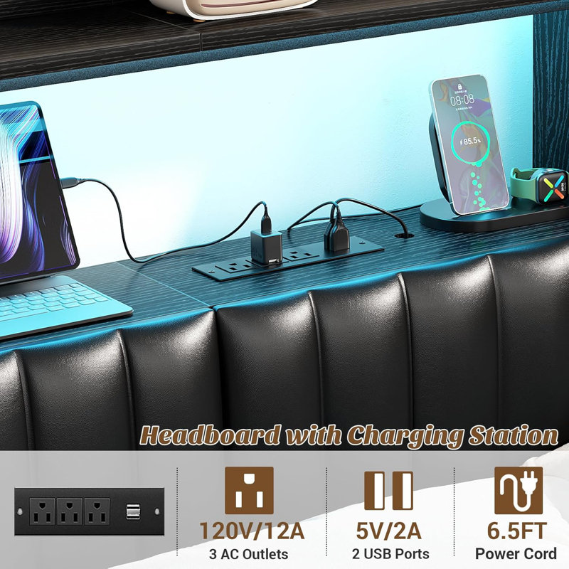 King Size Headboard with Drawer Storage and RGB LED Light, King Upholstered Headboard