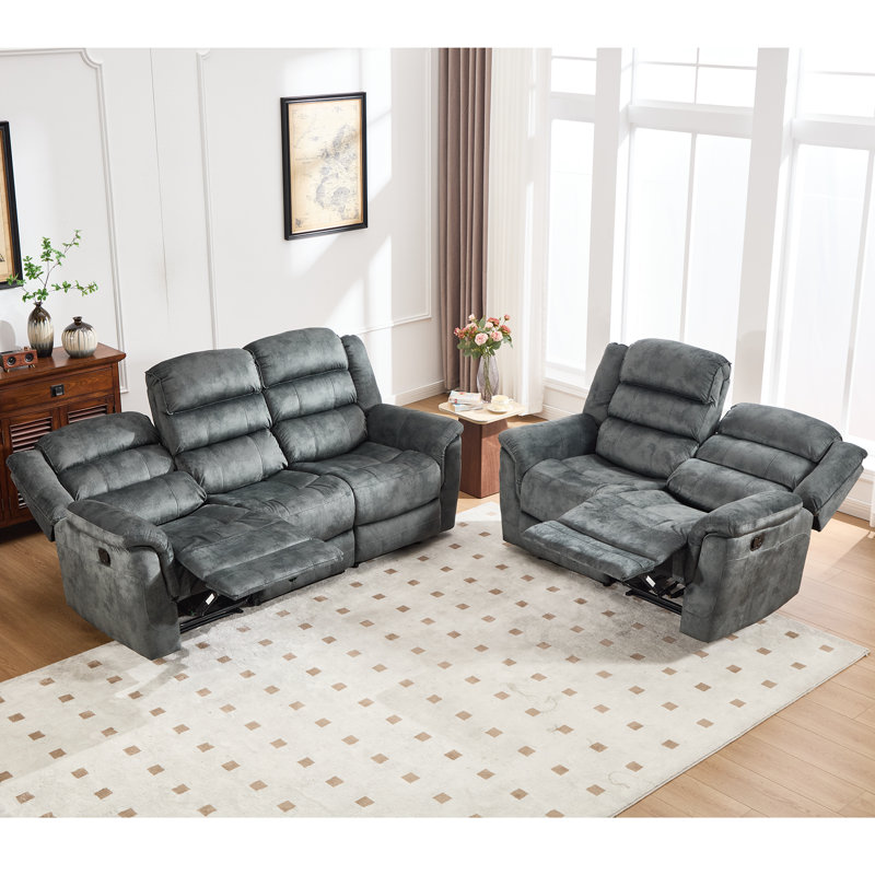2-Piece Modern And Super Soft Microfiber Manual Reclining Living Room Set With A Overstuffed Loveseat & A Oversize Sofa, Gray