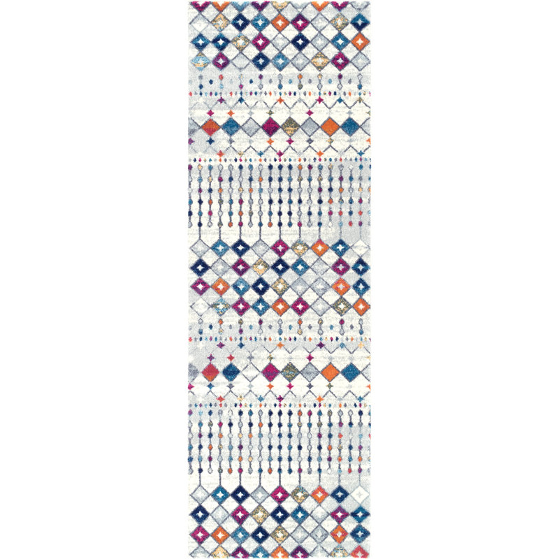 Tapis marocain clair tissé à la machine ivoire, beige, gris, bleu, orange et magenta Clair