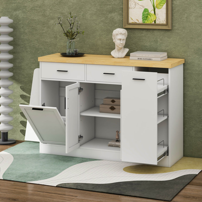 Buffet multifonctionnel avec rangement pour poubelle cachée, armoire à porte coulissante et support à épices à 3 niveaux - Design moderne deux tons