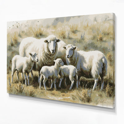 «Farm Sheep with Lambs», art mural sur toile beige