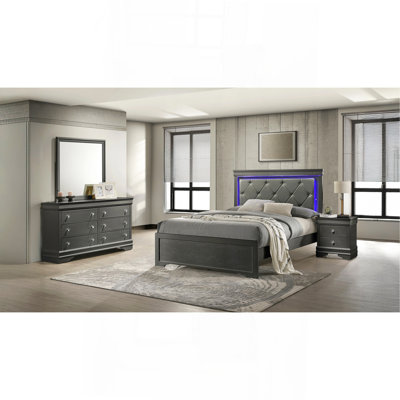 Ensemble de chambre à coucher simple 4 pièces avec tête de lit à DEL en bois gris Blaze