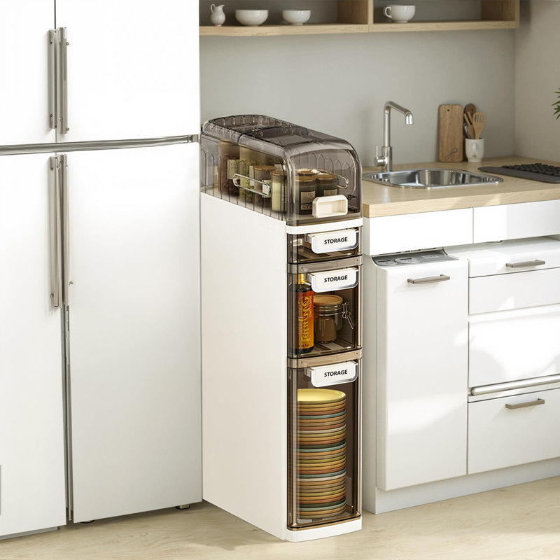 Slim Bathroom Floor Cabinet 4-layer, Narrow Storage Cabinet Plastic with Wheels and Shelves,Freestanding Compact Cupboard,For Living Room/Kitchen/Bathroom (White)