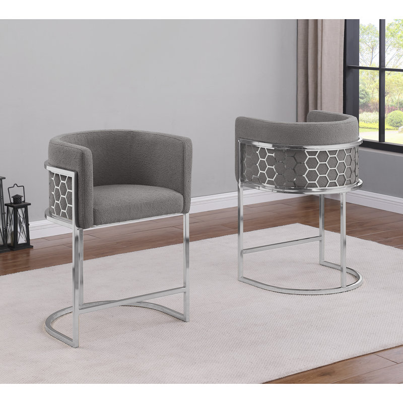 Upholstered Barstool (29") & Counterheight (24") With Teddy Fabric And Honey Comb Back Design, Silver, Gray