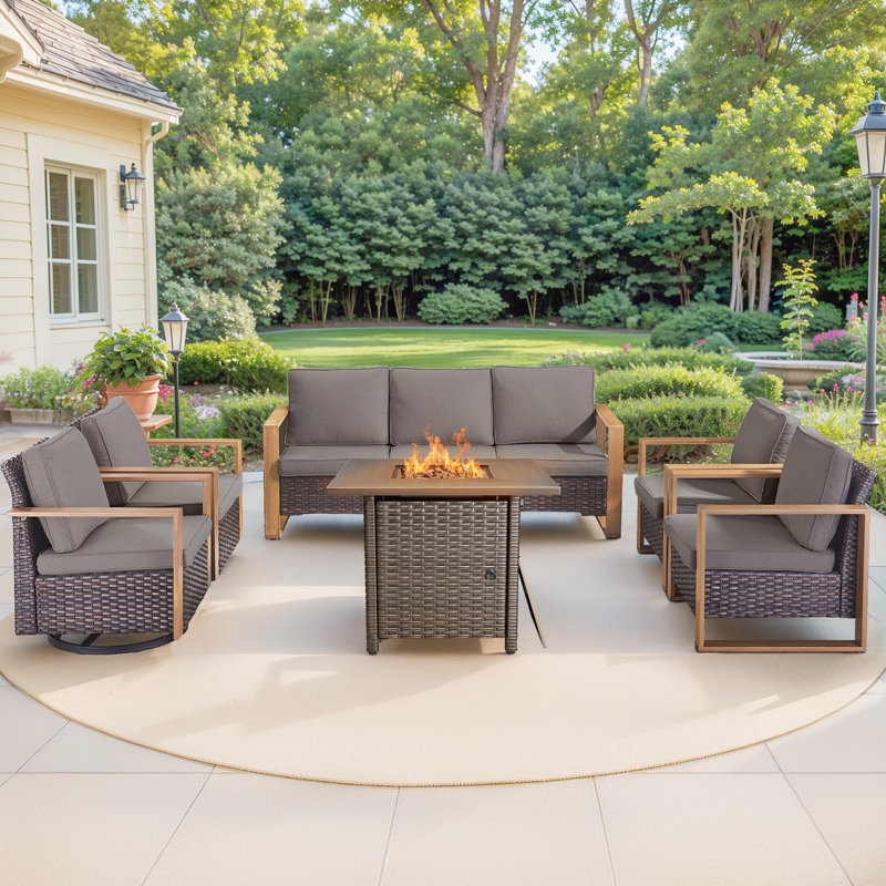 Palomares 6-Piece Outdoor Conversation Set With Swivel Gliders And Square Fire Pit Table, 7-Person Wicker Patio Seating With Armchairs