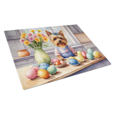 Decorating Easter Yorkshire Terrier Glass Cutting Board