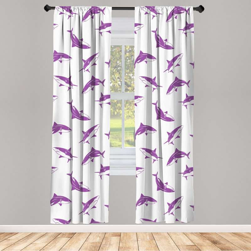 Rideaux Dakota Fields, impression de requins, 28 po, blanc fuchsia, L 28 po x L 63 po