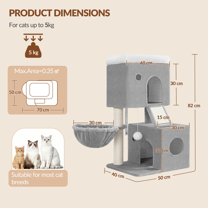 Cat Tree, 82 cm Cat Tower for Indoor Cats, Multi-Level Tree with Two Comfy Condos, a Soft Platform, Basket, Sisal Scratching Post, Scratching Board, Pompoms 